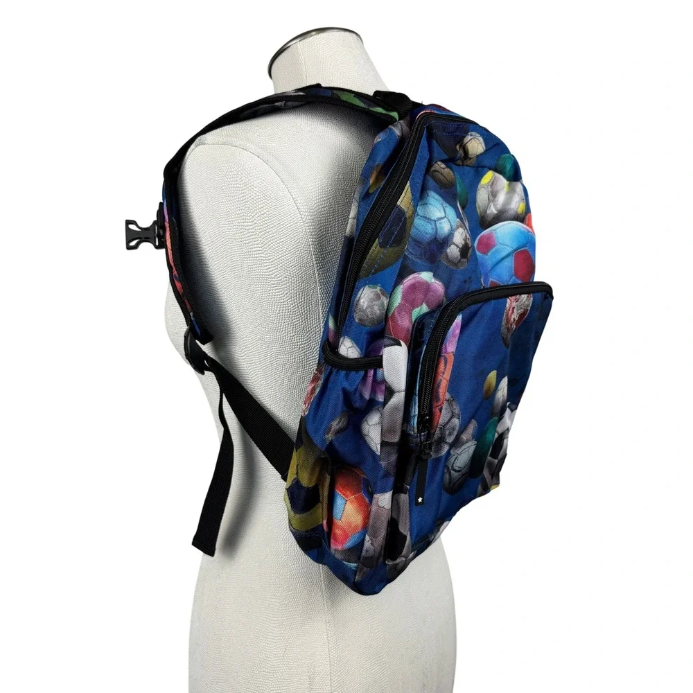 Molo Big Backpack Cosmic Footballs Blue Soccer Print Kids Bag 7W19V203 NWT